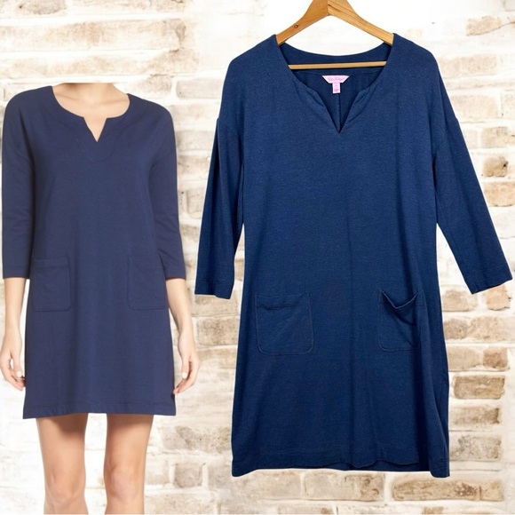 Lilly Pulitzer UPF 50 Joyce Navy V Neck 3/4 Sleeve French Terry Mini Shirt Dress